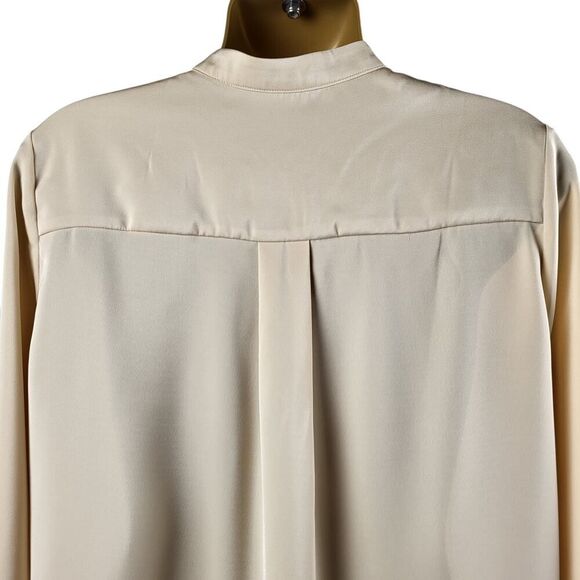 NEW MOTF X-Small Peach Beige Mock Neck Blouse Yoke Box Pleat Shirt tail Office - Picture 11 of 15